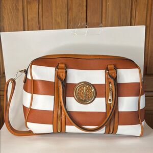 Brown and White Striped Tote with Faux Leather Trim 15” x 7” x 9”